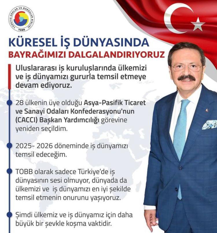 Asya- Pasifik Ticaret ve Sanayi Odaları Konfederasyonu’nun  (CACCI) Başkan Yardımcılığı görevine yeniden seçilen TOBB Başkanımız Sn. M. Rifat HİSARCIKLIOĞLU'nu tebrik ediyor, başarılarının devamını diliyoruz.